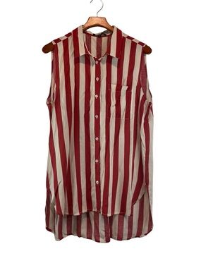 Velvet Heart Red and Cream Vertical Stripe Sleeveless Button-Down